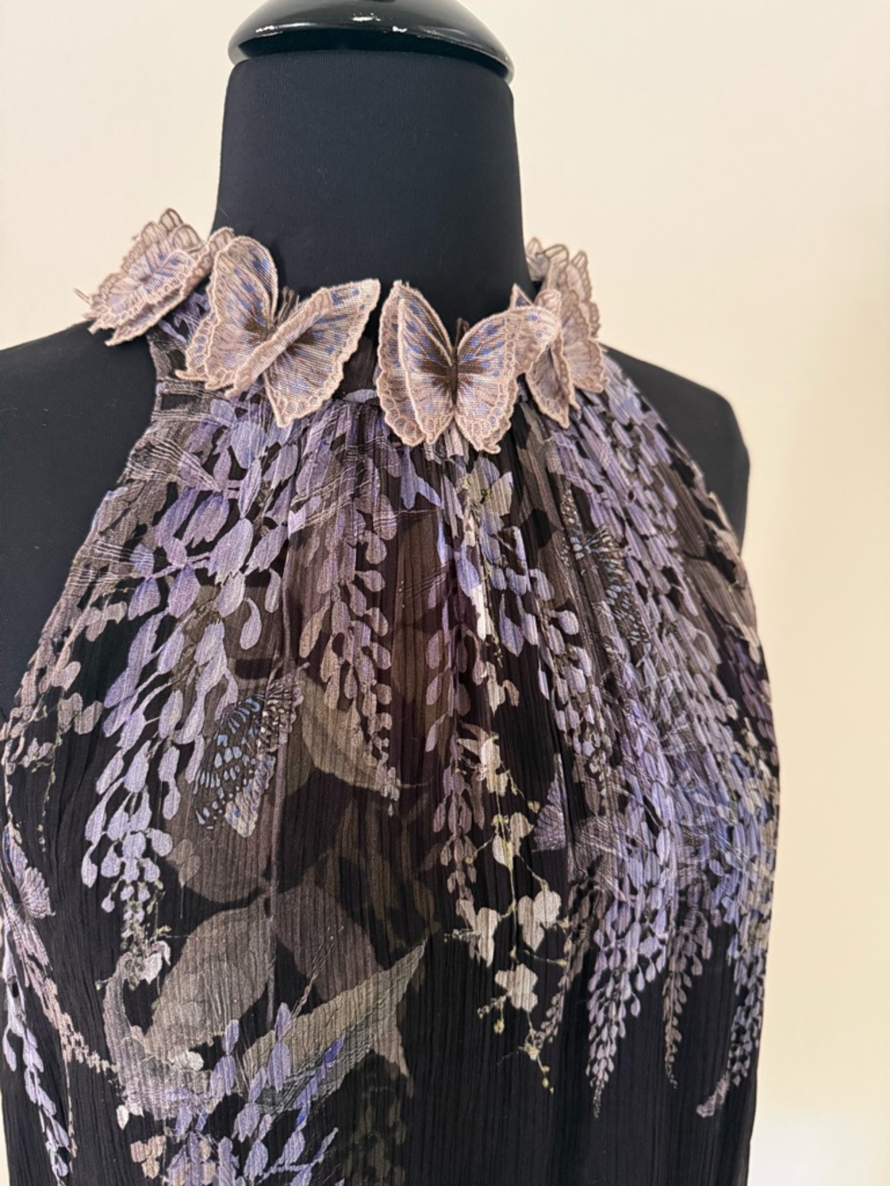 ZIMMERMANN Botanica Black Lavender Tea Silk Top with Butterfly Appliqués $425
